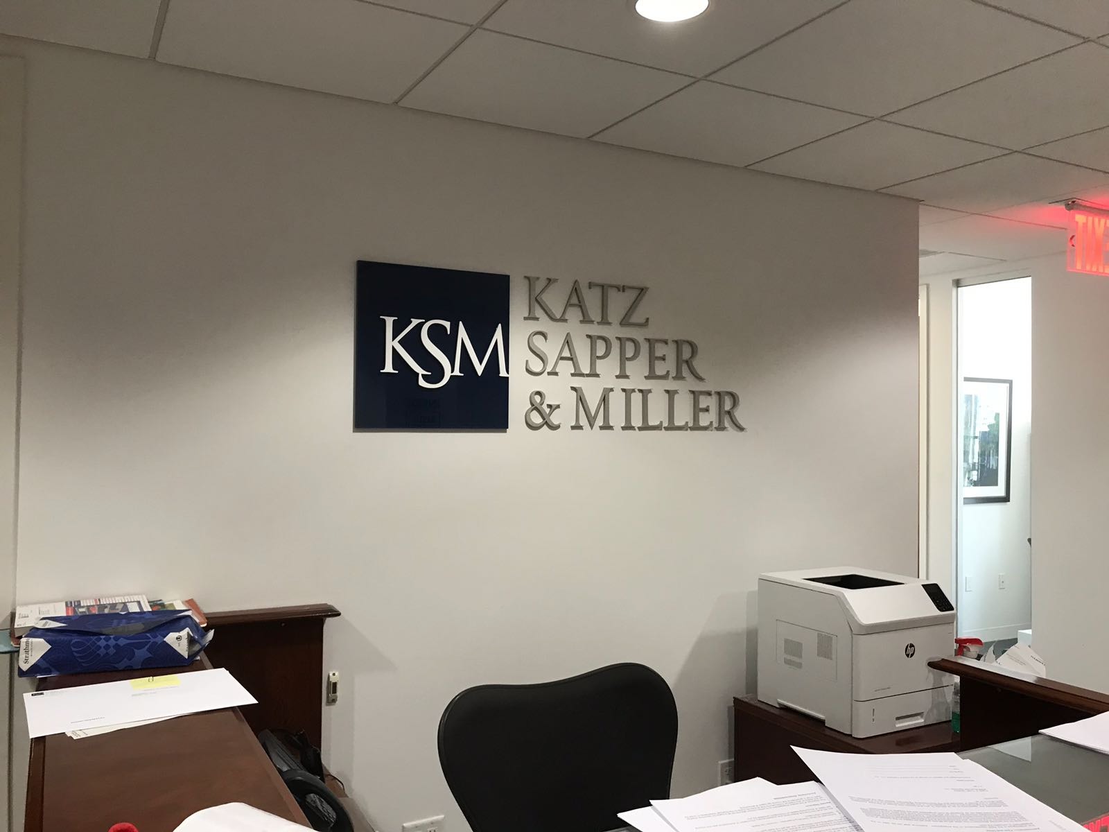 Dimensional letter corporate office lobby signage Katz Sapper Miller
