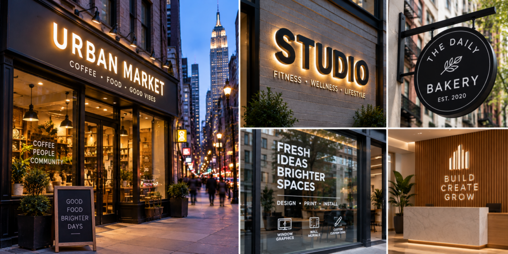 Illuminated storefront sign on a busy New York commercial street