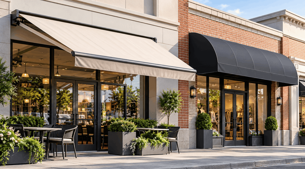 Retractable vs. fixed commercial awnings installed on business storefronts