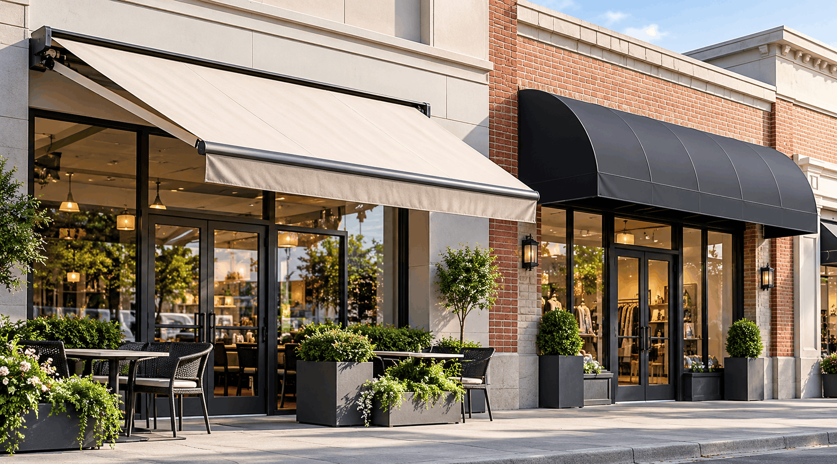 Retractable vs. fixed commercial awnings installed on business storefronts